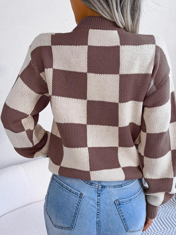 Women's Colorblock Plaid Print Drop Shoulder Sweater Pullover, Casual Long Sleeve Round Neck Jumper for Fall & Winter, Fashion Ladies' Knitwear for Daily Wear